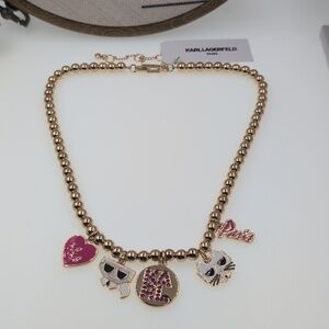 KARL LAGERFELD PARIS Choupette Cat & Heart Charm Beaded Necklace Pink Gold Tone